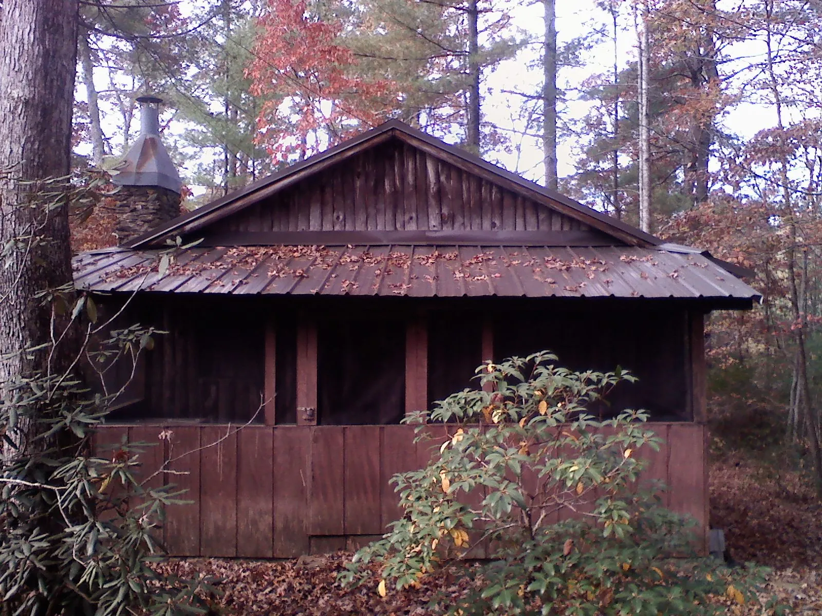 Metal roof over the screened porch of a rustic cabin in Cherokee